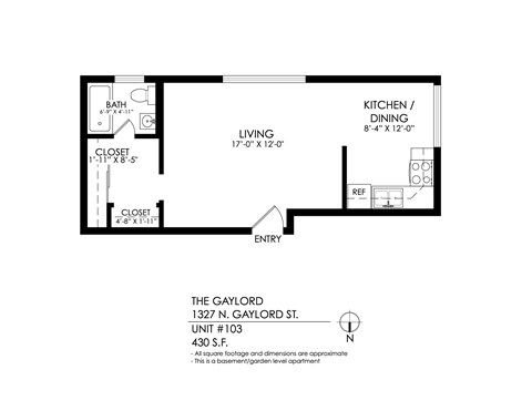 Floor plan for studio, 1 bath